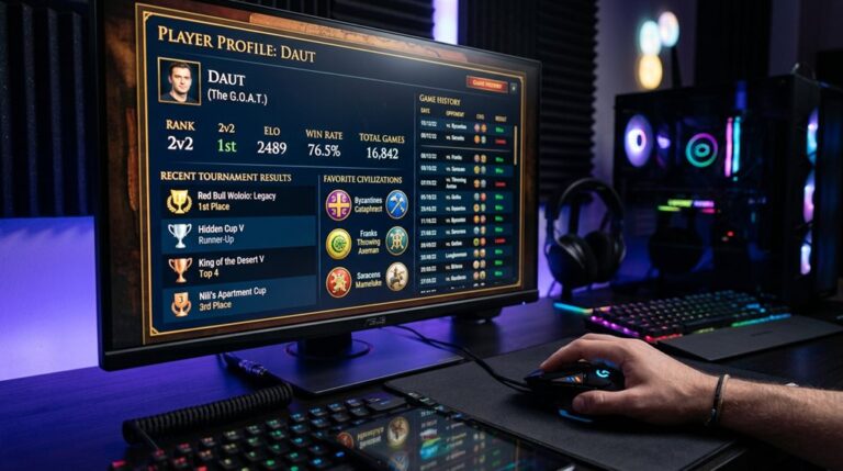 Gamer viewing competitive player profile on desktop monitor