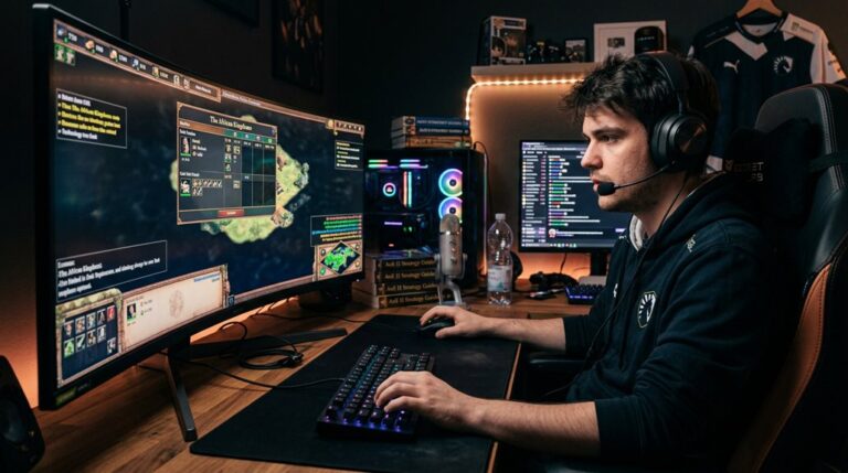 Headset-wearing gamer playing strategy game at dual monitors