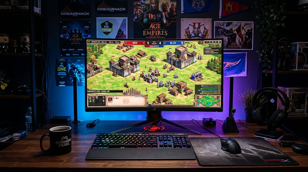 Gaming desk with Age of Empires match on monitor