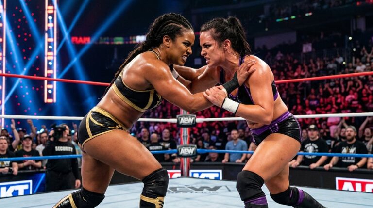 Two women wrestlers grapple in a brightly lit arena ring.
