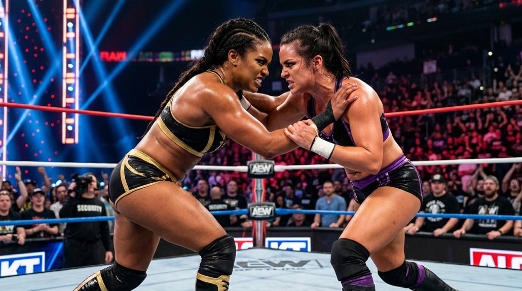 Two women wrestlers grapple in a brightly lit arena ring.