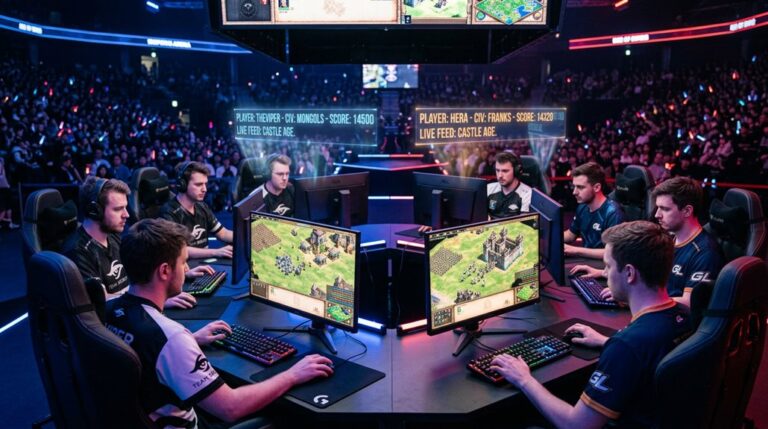 Esports teams compete in a strategy game before arena crowd.